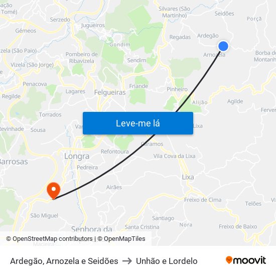 Ardegão, Arnozela e Seidões to Unhão e Lordelo map