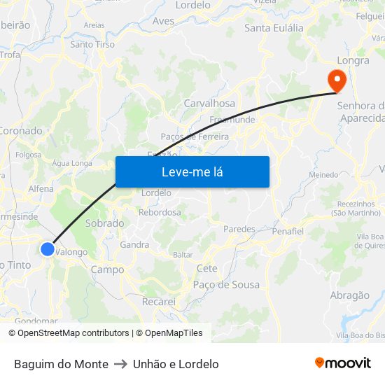 Baguim do Monte to Unhão e Lordelo map