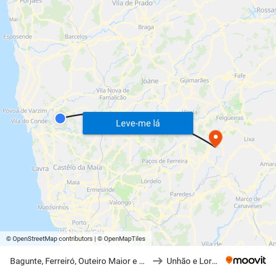 Bagunte, Ferreiró, Outeiro Maior e Parada to Unhão e Lordelo map