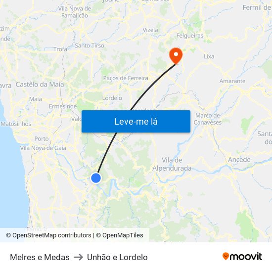 Melres e Medas to Unhão e Lordelo map