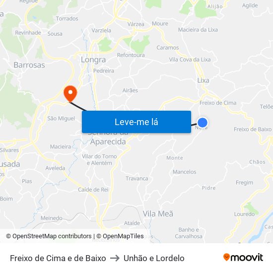 Freixo de Cima e de Baixo to Unhão e Lordelo map
