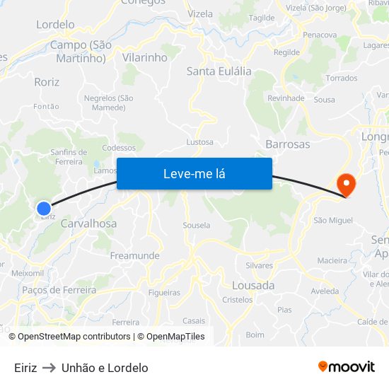 Eiriz to Unhão e Lordelo map