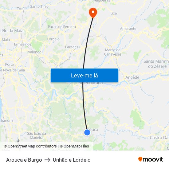 Arouca e Burgo to Unhão e Lordelo map