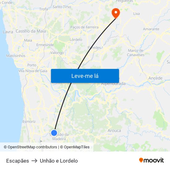 Escapães to Unhão e Lordelo map