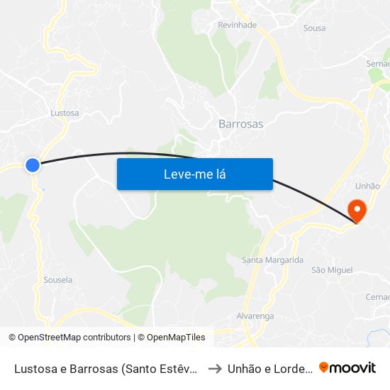 Lustosa e Barrosas (Santo Estêvão) to Unhão e Lordelo map