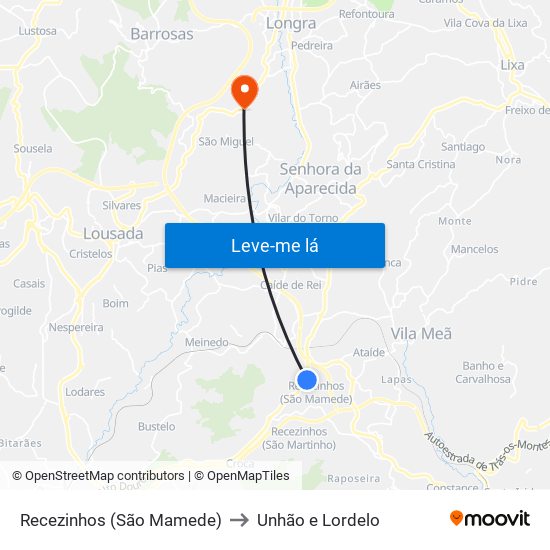 Recezinhos (São Mamede) to Unhão e Lordelo map