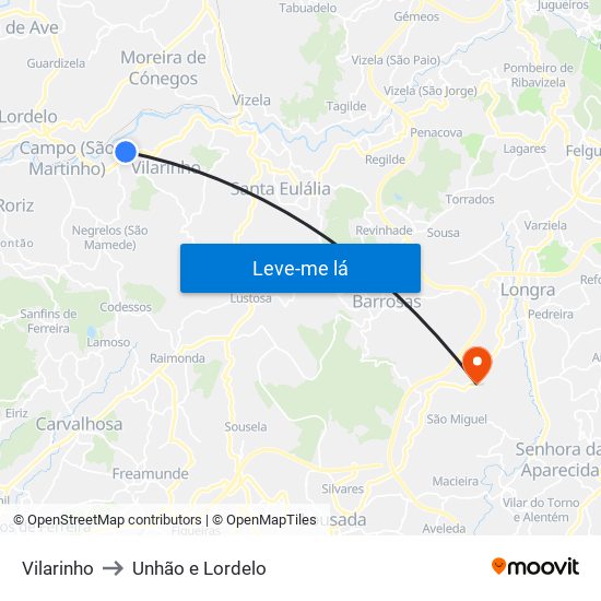 Vilarinho to Unhão e Lordelo map