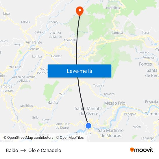 Baião to Olo e Canadelo map