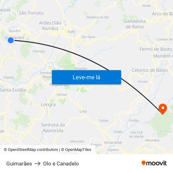 Guimarães to Olo e Canadelo map
