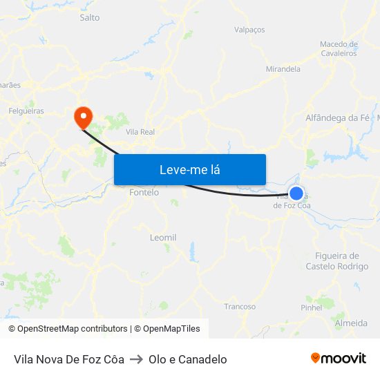 Vila Nova De Foz Côa to Olo e Canadelo map