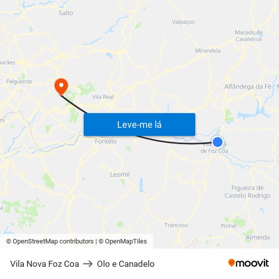Vila Nova Foz Coa to Olo e Canadelo map