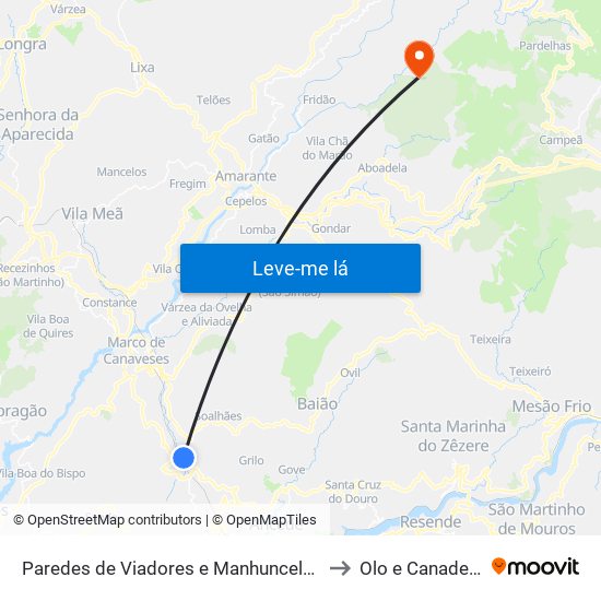 Paredes de Viadores e Manhuncelos to Olo e Canadelo map