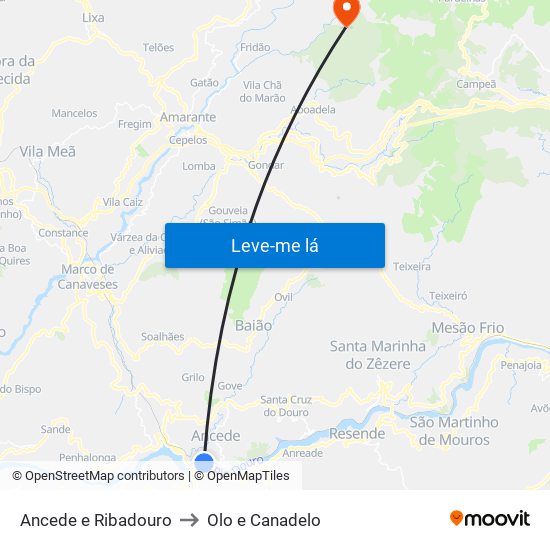 Ancede e Ribadouro to Olo e Canadelo map
