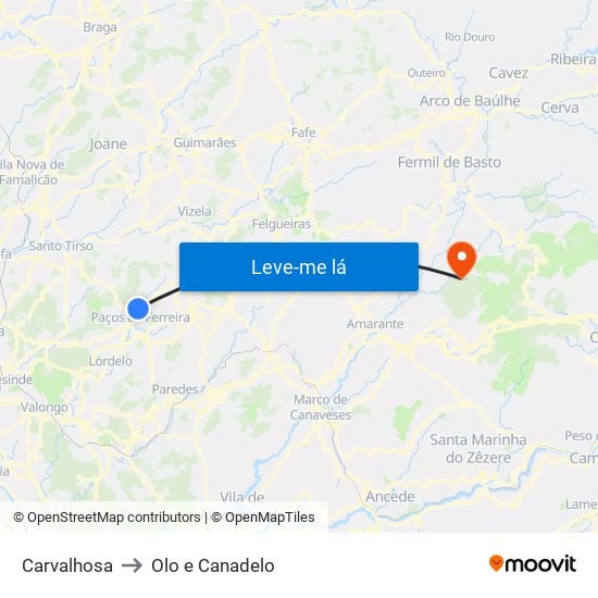 Carvalhosa to Olo e Canadelo map