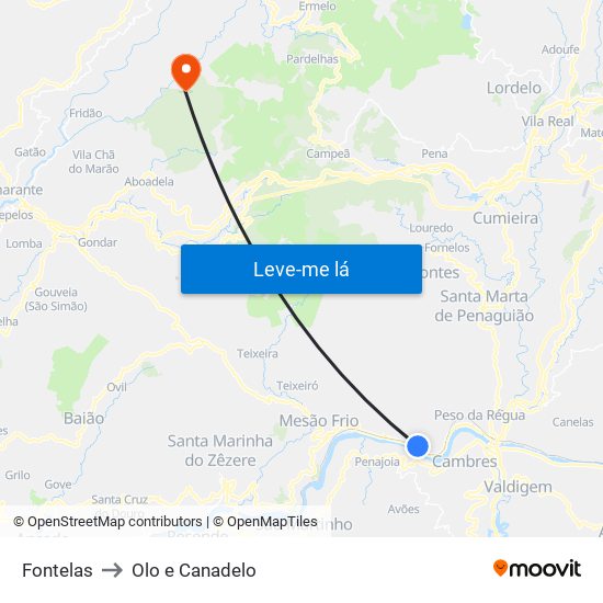 Fontelas to Olo e Canadelo map