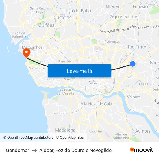 Gondomar to Aldoar, Foz do Douro e Nevogilde map