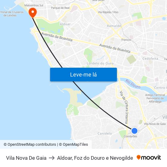 Vila Nova De Gaia to Aldoar, Foz do Douro e Nevogilde map