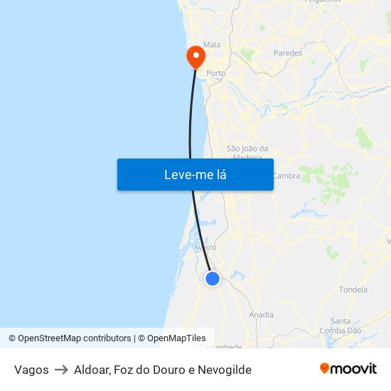 Vagos to Aldoar, Foz do Douro e Nevogilde map