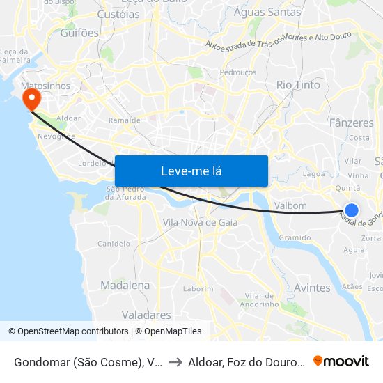 Gondomar (São Cosme), Valbom e Jovim to Aldoar, Foz do Douro e Nevogilde map