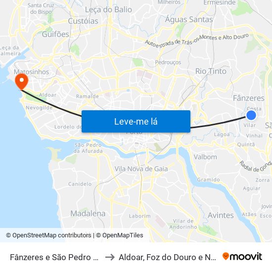 Fânzeres e São Pedro da Cova to Aldoar, Foz do Douro e Nevogilde map