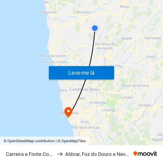 Carreira e Fonte Coberta to Aldoar, Foz do Douro e Nevogilde map