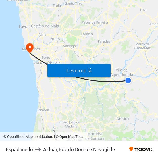 Espadanedo to Aldoar, Foz do Douro e Nevogilde map