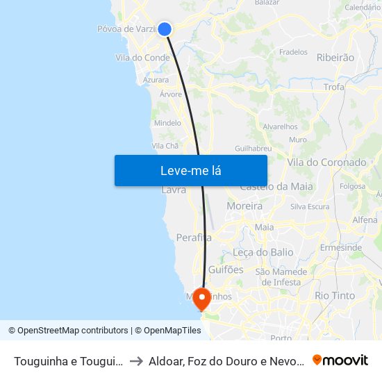 Touguinha e Touguinhó to Aldoar, Foz do Douro e Nevogilde map