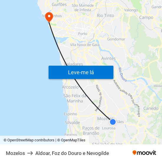 Mozelos to Aldoar, Foz do Douro e Nevogilde map