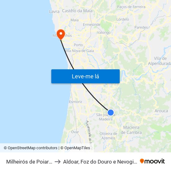 Milheirós de Poiares to Aldoar, Foz do Douro e Nevogilde map