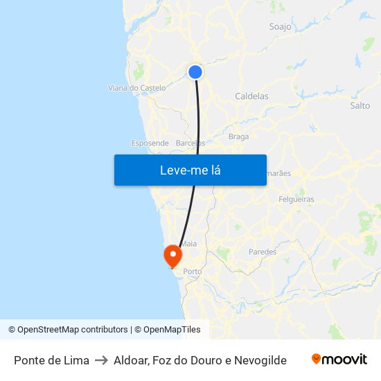 Ponte de Lima to Aldoar, Foz do Douro e Nevogilde map