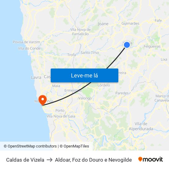 Caldas de Vizela to Aldoar, Foz do Douro e Nevogilde map