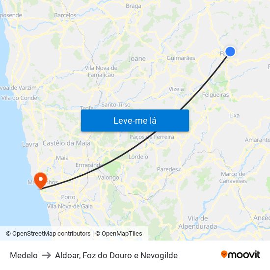 Medelo to Aldoar, Foz do Douro e Nevogilde map