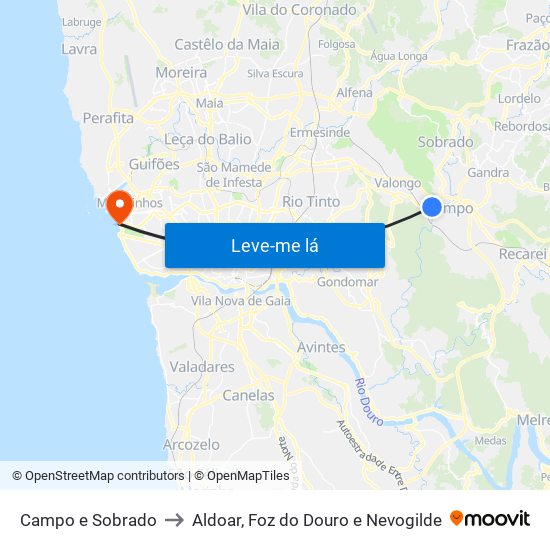 Campo e Sobrado to Aldoar, Foz do Douro e Nevogilde map
