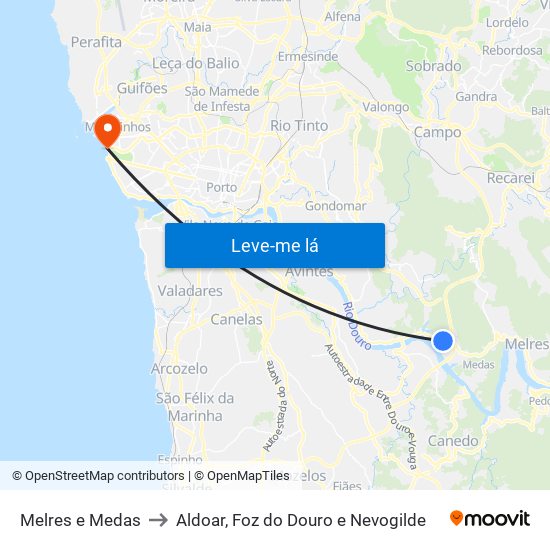 Melres e Medas to Aldoar, Foz do Douro e Nevogilde map