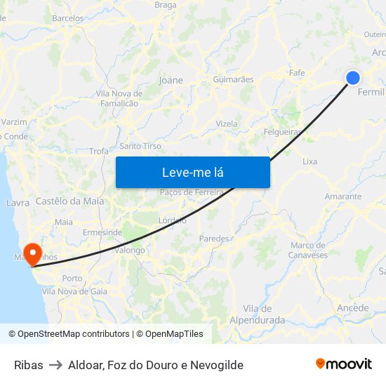 Ribas to Aldoar, Foz do Douro e Nevogilde map