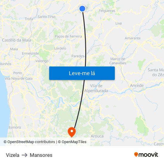 Vizela to Mansores map
