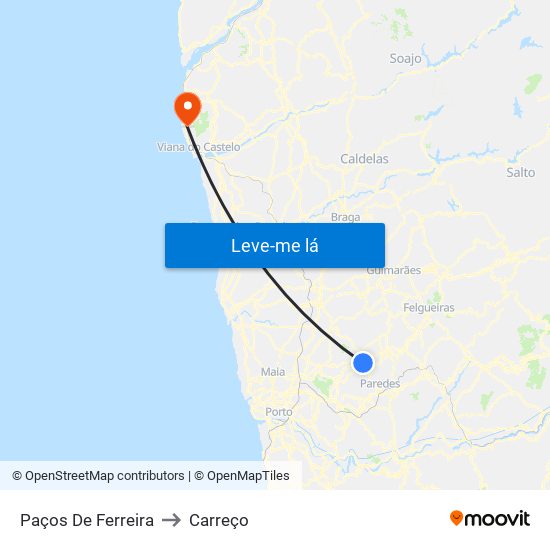 Paços De Ferreira to Carreço map