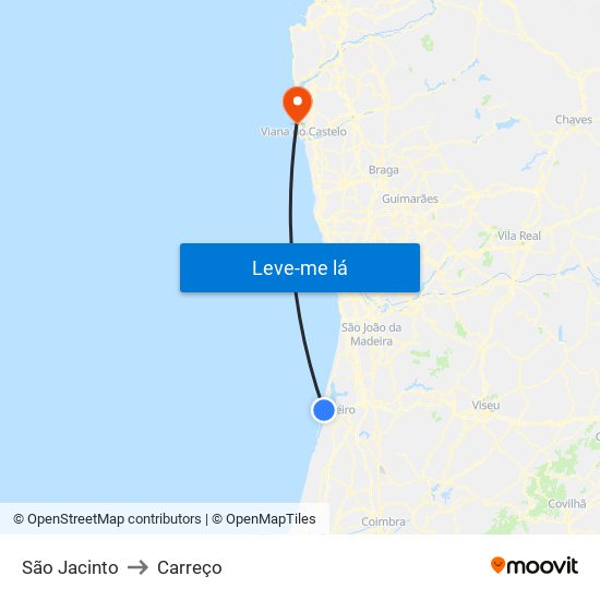 São Jacinto to Carreço map