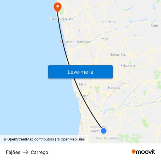 Fajões to Carreço map