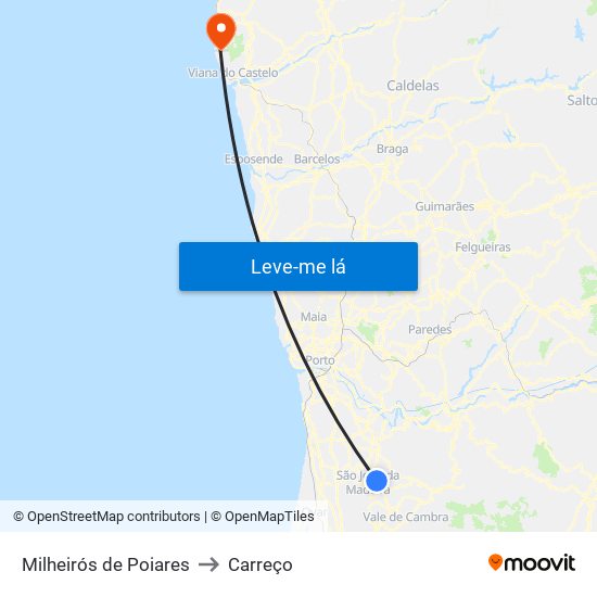 Milheirós de Poiares to Carreço map