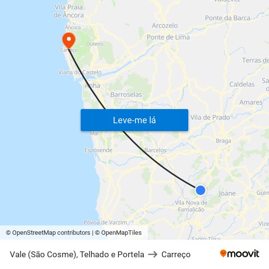 Vale (São Cosme), Telhado e Portela to Carreço map