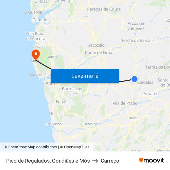 Pico de Regalados, Gondiães e Mós to Carreço map