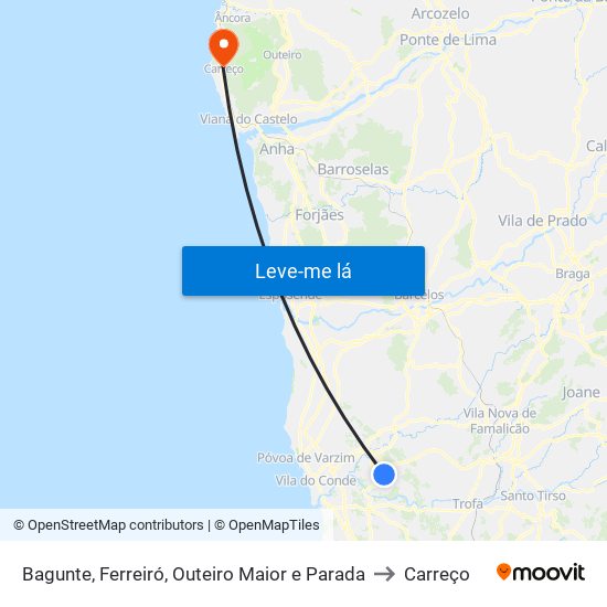 Bagunte, Ferreiró, Outeiro Maior e Parada to Carreço map