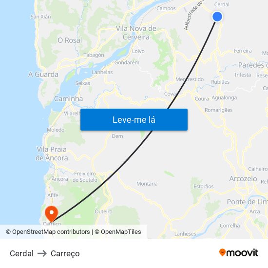 Cerdal to Carreço map