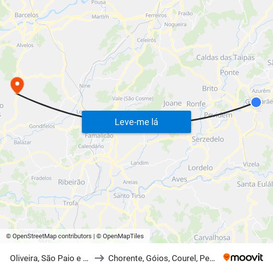 Oliveira, São Paio e São Sebastião to Chorente, Góios, Courel, Pedra Furada e Gueral map