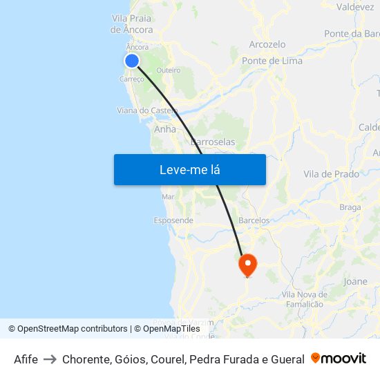 Afife to Chorente, Góios, Courel, Pedra Furada e Gueral map