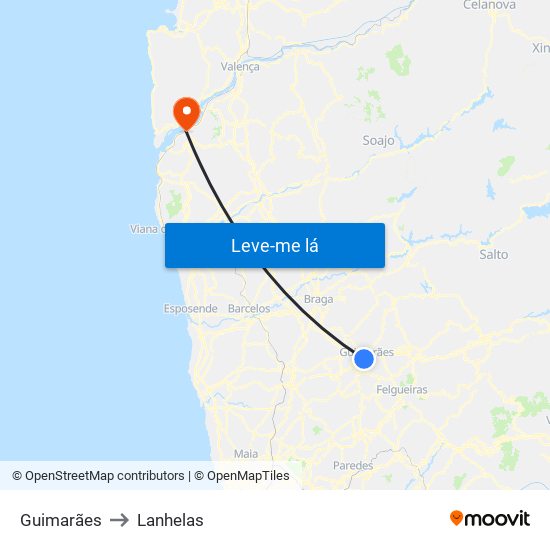 Guimarães to Lanhelas map