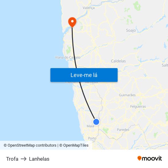 Trofa to Lanhelas map