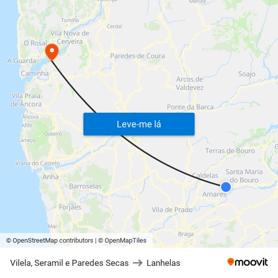 Vilela, Seramil e Paredes Secas to Lanhelas map