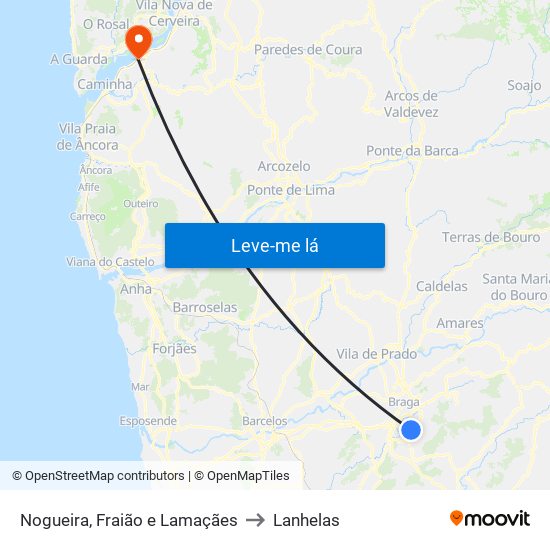 Nogueira, Fraião e Lamaçães to Lanhelas map